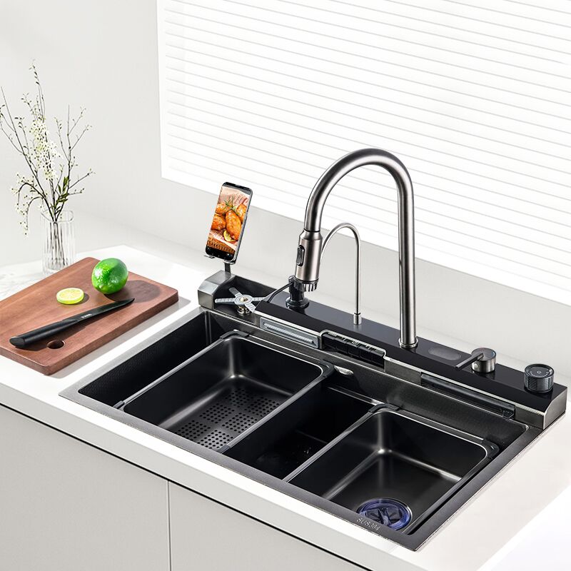Smart 304 Stainless Steel Black Kitchen Sink With Digital Display Light Waterfall Faucet for Hotel Restaurant Kitchen Design Smart 304 Stainless Steel Black Kitchen Sink Smart 304 Stainless Steel Black Kitchen Sink With Digital Display Light Waterfall Faucet for Hotel Restaurant Kitchen Design