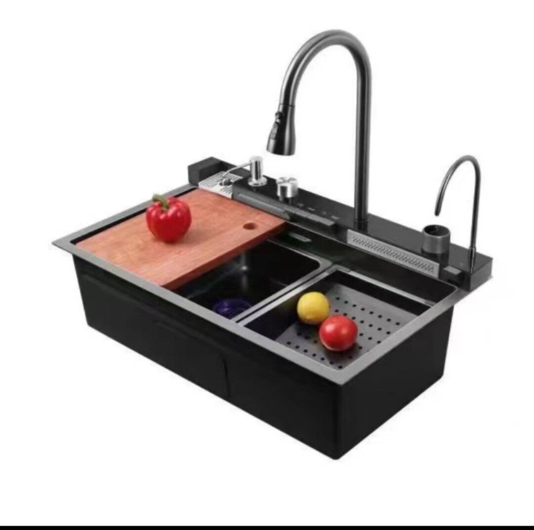 Smart Single Bowl Square Shape Kitchen Sink with Flying Rain Waterfall SUS304 Household Pull Tap Smart Single Bowl Square Shape Kitchen Sink Smart Single Bowl Square Shape Kitchen Sink with Flying Rain Waterfall SUS304 Household Pull Tap