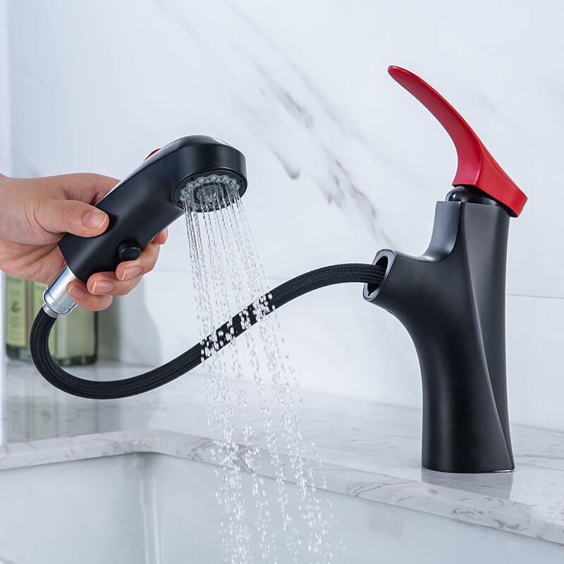 Countertop installation design hot and cold water pull-out bathroom faucet Wholesale black red basin sink pull out faucet pull out matte black bathroom faucet single handle brass vanity faucet 1 Countertop installation design hot and cold water pull-out bathroom faucet