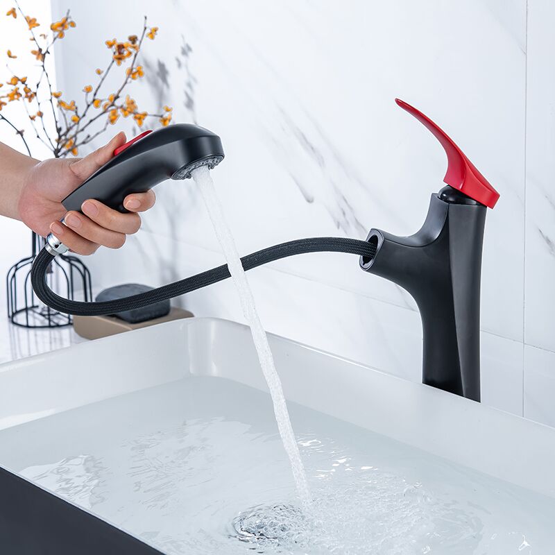 Manufacturer's high style matte black bathroom faucet in black and chrome one-handle basin faucet Wholesale matte black red strip high basin sink pull out the faucet pull out the bathroom faucet single handle brass wash basin faucet 2 Manufacturer's high style matte black bathroom faucet in black and chrome one-handle basin faucet